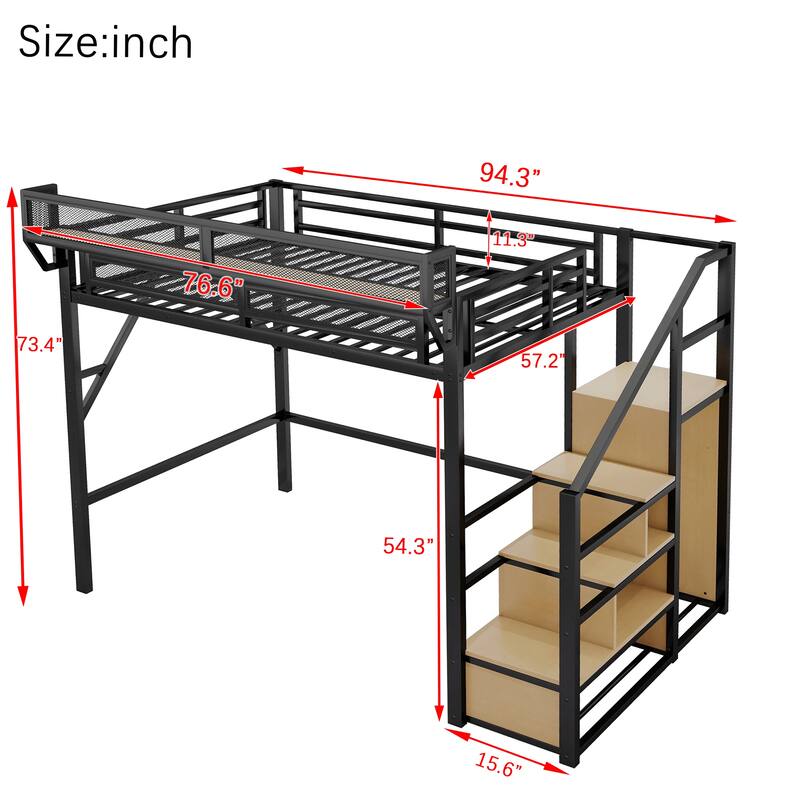 Heavy Duty Metal Storage Loft Bed with Bedside Shelf and Under Bed Storage, Iron High Loftbed Frame with Built In Wardrobe