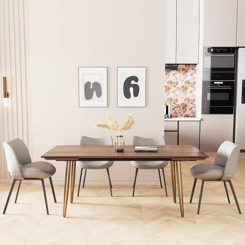 Modern Expandable Walnut Dining Table Adjustable from 62.9" to 94.4", Seats 8 to 10, with Sleek Stainless Steel Support Legs