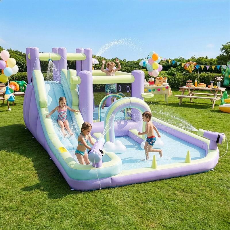 Oxford Cloth Rainbow Inflatable Water Bounce Castle In Pink And Purple With Slide And Climbing Wall - N/A