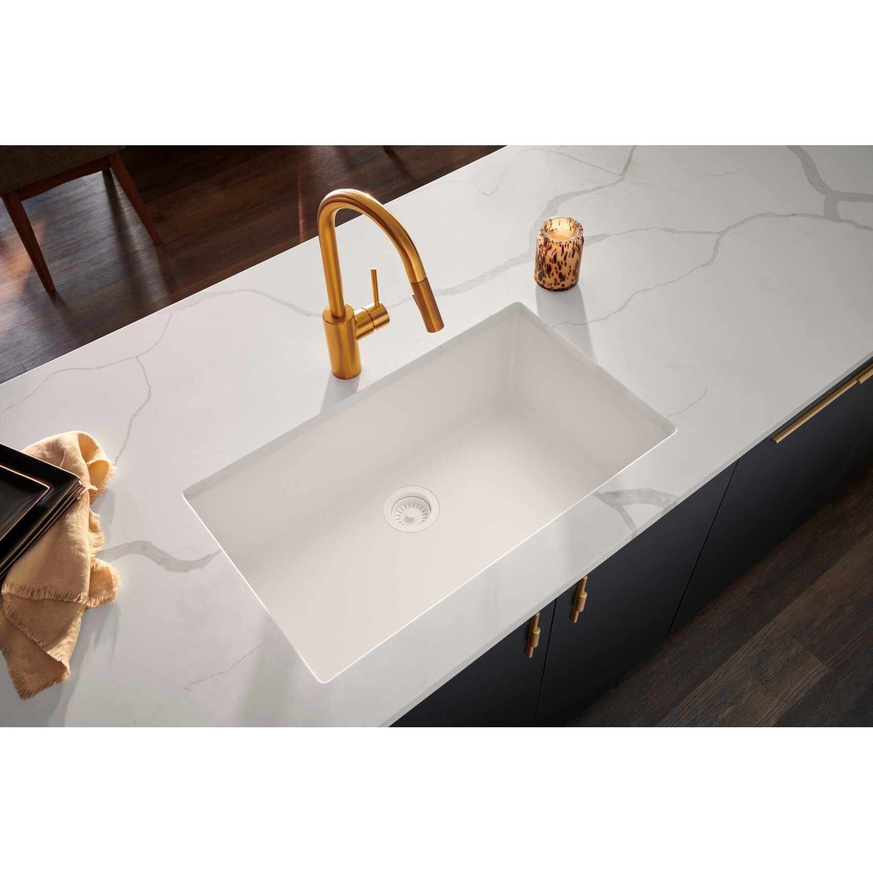 Lonsince Undermount Granite Composite Kitchen Sink – 28" X 18" Single Bowl, White With Gold Accessories & Workstation Set