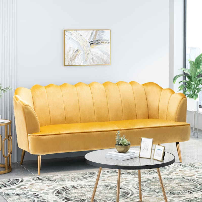 Reitz Glam Velvet Shell Sofa by Christopher Knight Home - 76.25" L x 29.25" W x 33.50" H - Honey Yellow + Gold