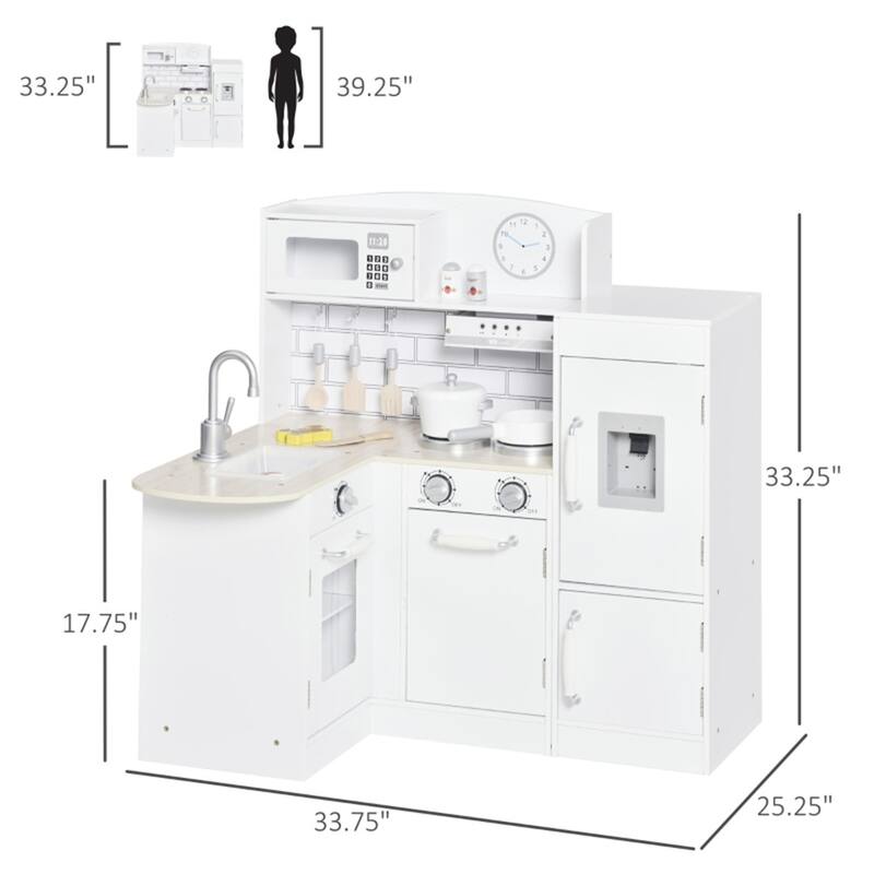 Kids Wooden Corner Kitchen Playset with Sink Stove Refrigerator and Accessories White Silver Pretend Cooking