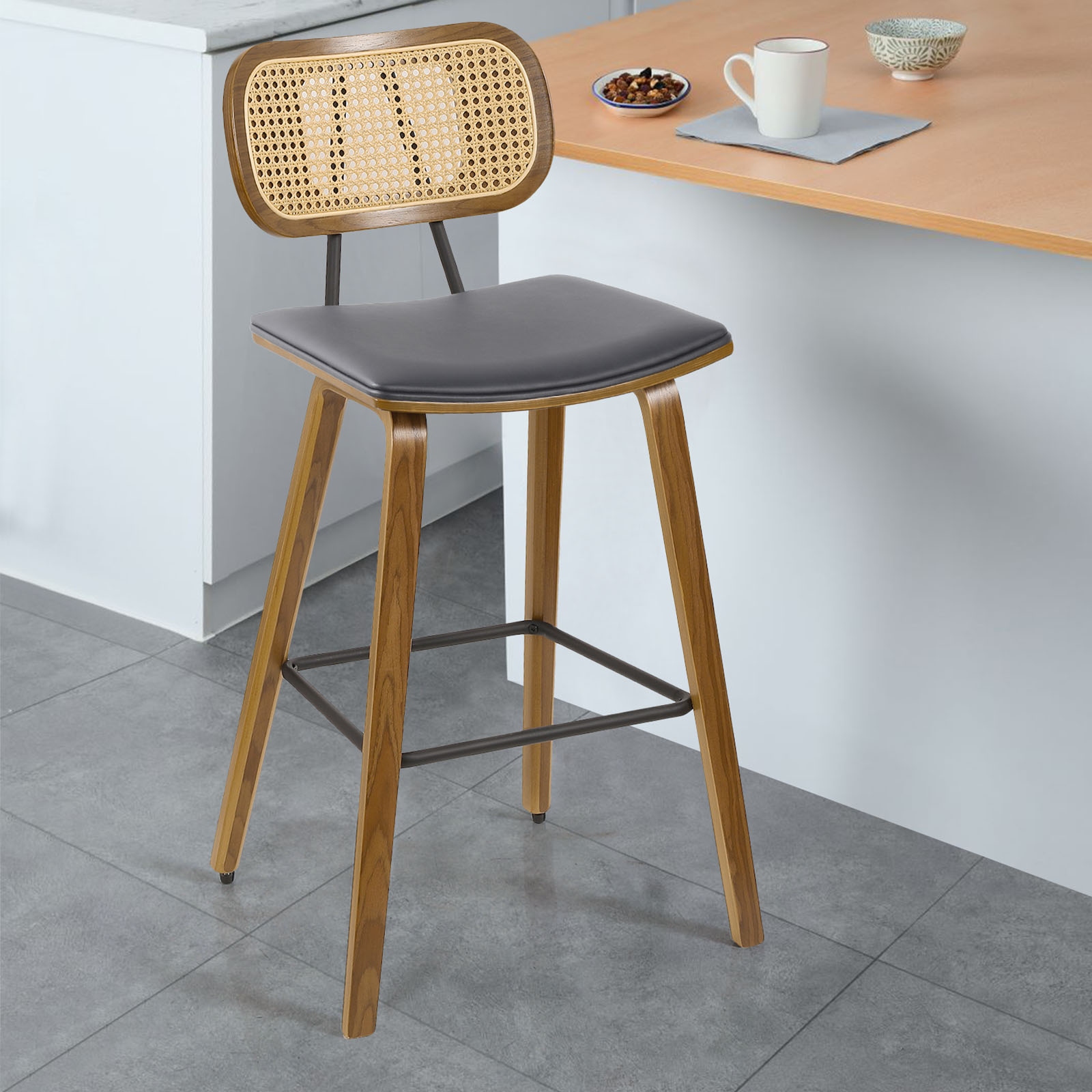 Upholstered Wood Counter Height Bar Stools with Rattan Back