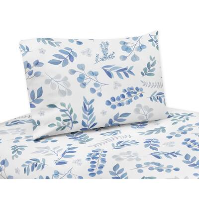 Floral Leaf Collection 3-piece Twin Sheet Set - Blue Grey and White Boho Watercolor Botanical Flower Woodland Tropical Garden
