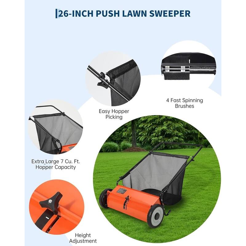 26 in Push Lawn Sweeper for All Terrains 7 cu. ft. Collection Bag 4 Brushes and Adjustable Height