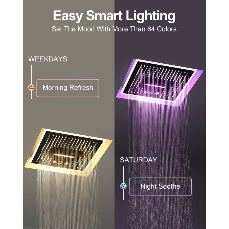 GRANDJOY Shower Faucet System 16 inch Ceiling Mount Shower Head 3 Spray Modes Handheld Spray with Slide Bar LED Music