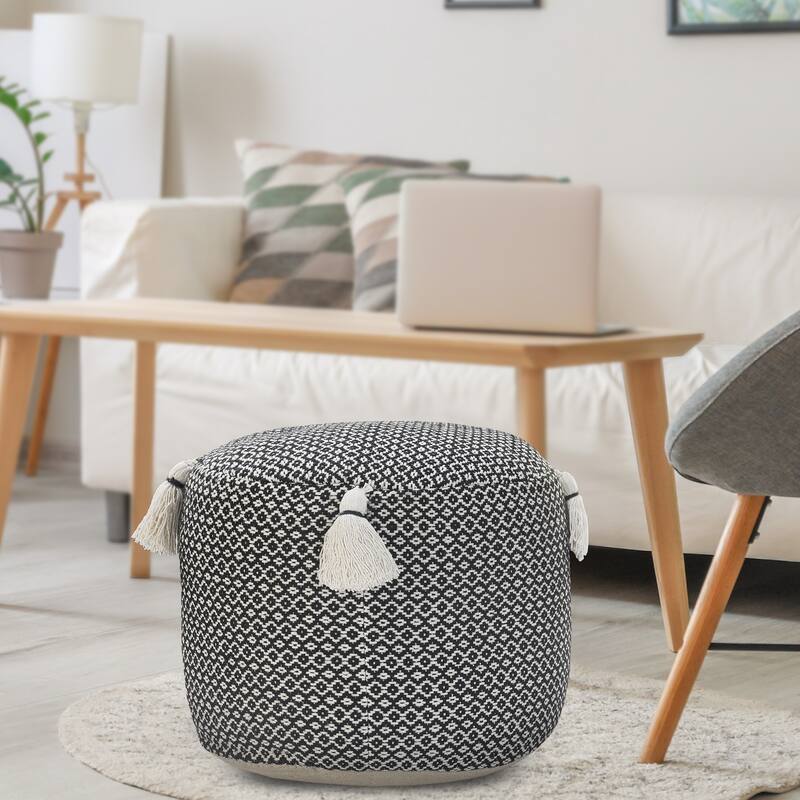 Zyad Farmhouse Black/White Geometric Handmade Round Pouf Ottoman by Sevita - 18" x 18" x 14" - Black/White