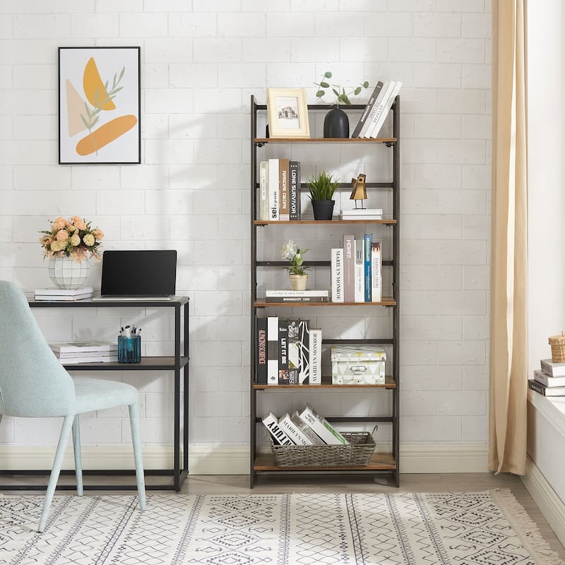 VECELO Contemporary 5-Shelf Display Bookcase, Industrial 62" Tall Bookshelf Storage Organizer