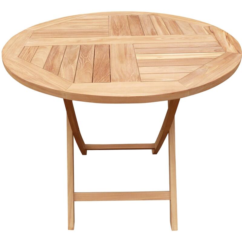 Seven Seas Teak 3 Piece Teak Wood Long Beach Patio Bistro Dining Set, 36" Round Folding Table with 2 Folding Arm Chairs