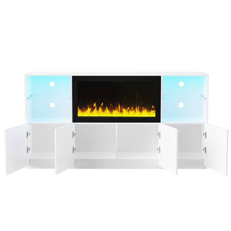 Roomfitters Modern High Gloss TV Stand with Electric Fireplace, Media Console with Tempered Glass Shelves