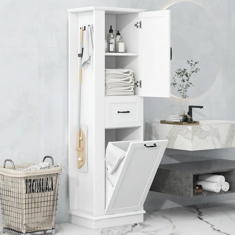 Modern Tall Storage Cabinet with Tilt-Out Compartment and Adjustable Shelves
