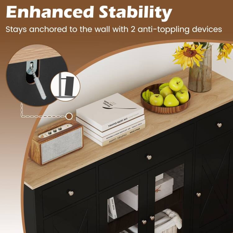 Black MDF and Engineered Wood Buffet Sideboard with Drawers and Cabinets - 55.5" × 16" × 35.5"