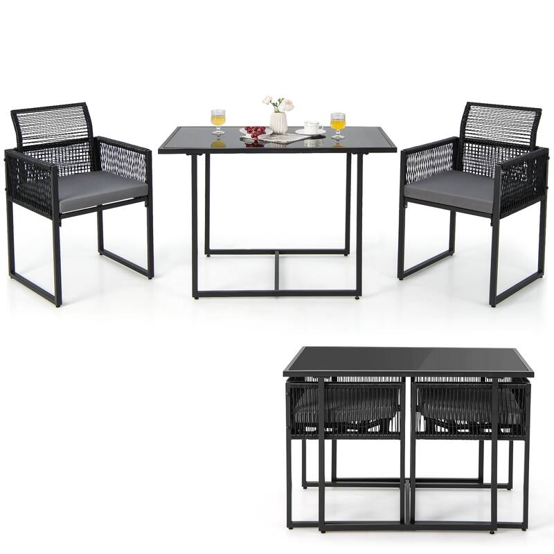 3 Pieces Outdoor Dining Set with Folding Backrest and Seat Cushions-Black - 20.5" x 20.5" x 33.5"