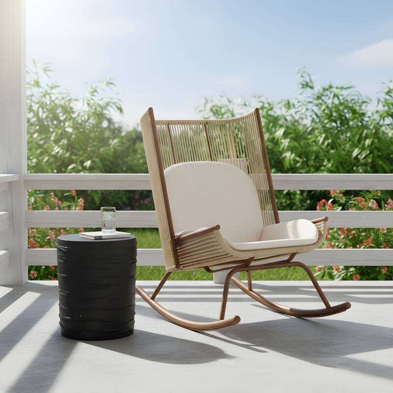 Christopher Knight Home - Modern Outdoor Rocking Chair with PE Rattan and Concrete Side Table Set - Natural+Black