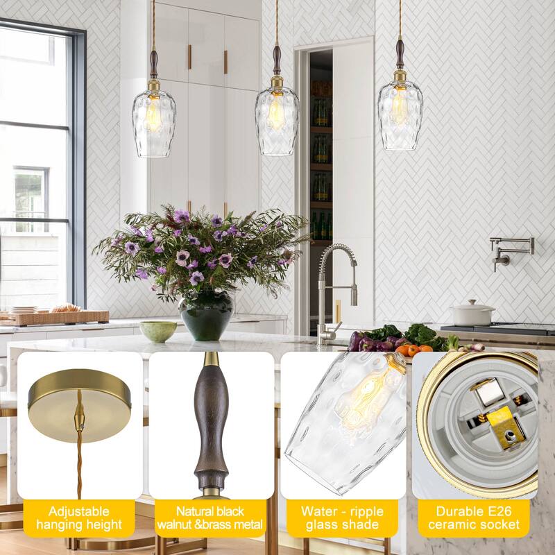 Modern 1-Light Brass Pendant Hammered Glass Shade Kitchen Lighting - Dia.6-in