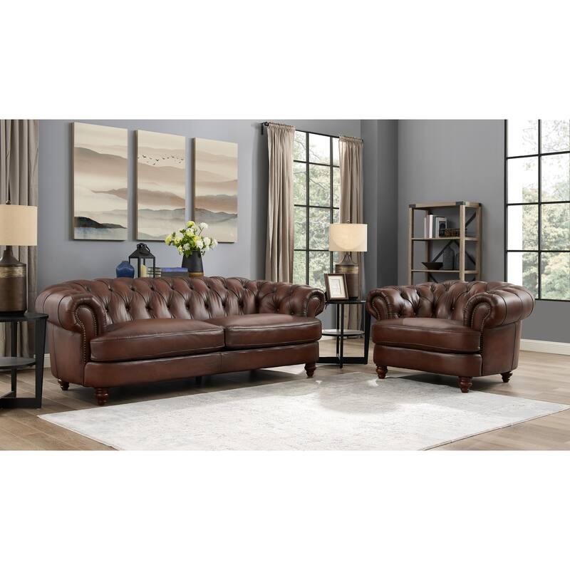 Hydeline Newport Top Grain Chesterfield Leather Sofa Set, Sofa and Chair