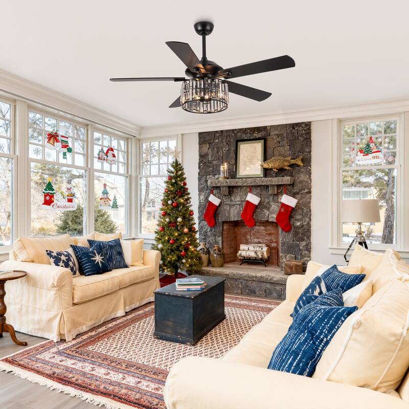 Parrot Uncle 52" Black Wood Modern Crystal Indoor Ceiling Fan Chandelier with Remote