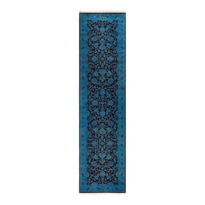 Overton Hand Knotted Wool Vintage Inspired Modern Contemporary Overdyed Blue Runner Rug - 2' 6" x 10' 4"
