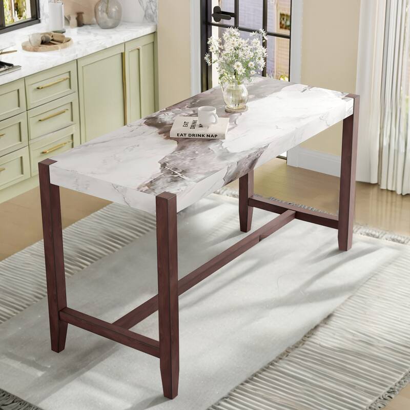 47.5" Counter Height Bar Table, Modern Faux Marble Finish Tall Dining Table - White