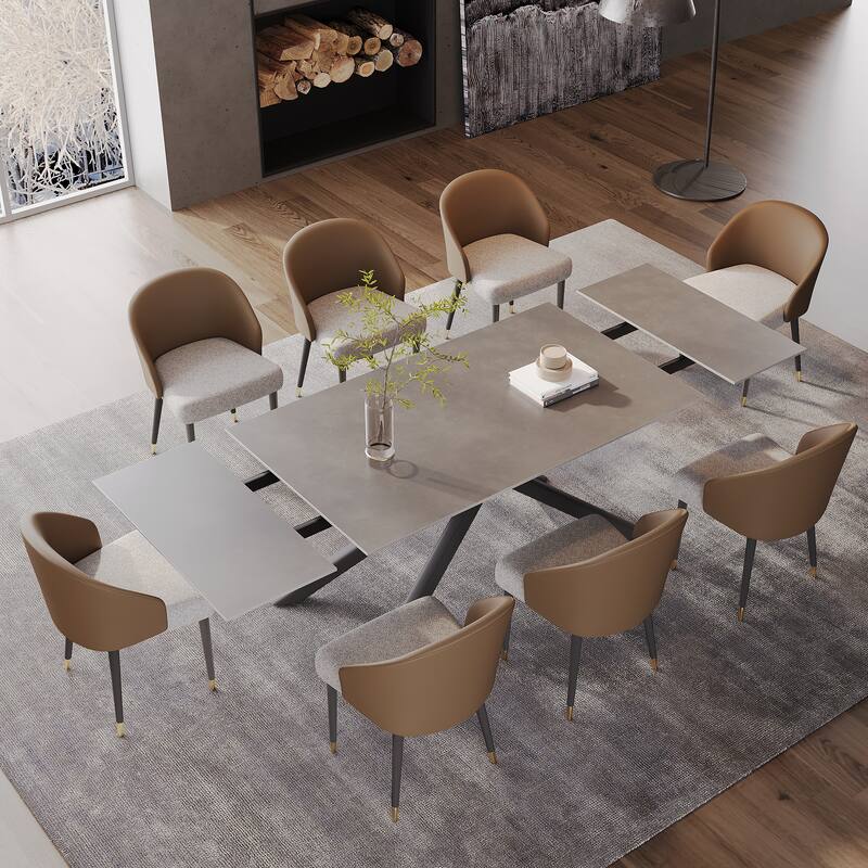 9 - Piece Extendable Rectangular Sintered Stone Cross Legs Dining Set With 8 Chairs For Home or Villa