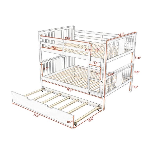 Elegant Full over Full Bunk Bed Wooden Kids Bed with Twin Size Trundle,Ladder,Guardrails for Bedroom