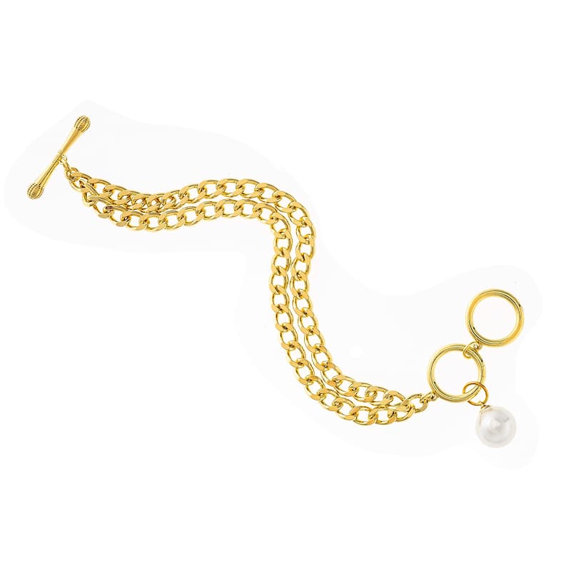 Double Chain with Shell Pearl Drop Toggle Bracelet - Gold