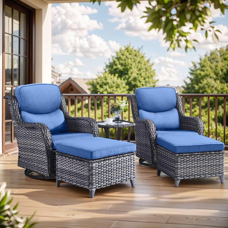 Pocassy Outdoor Swivel Chairs Patio Furniture Set - Grey Rattan - Blue Cushion - 5PCS Swivel Chairs Table with Ottoman