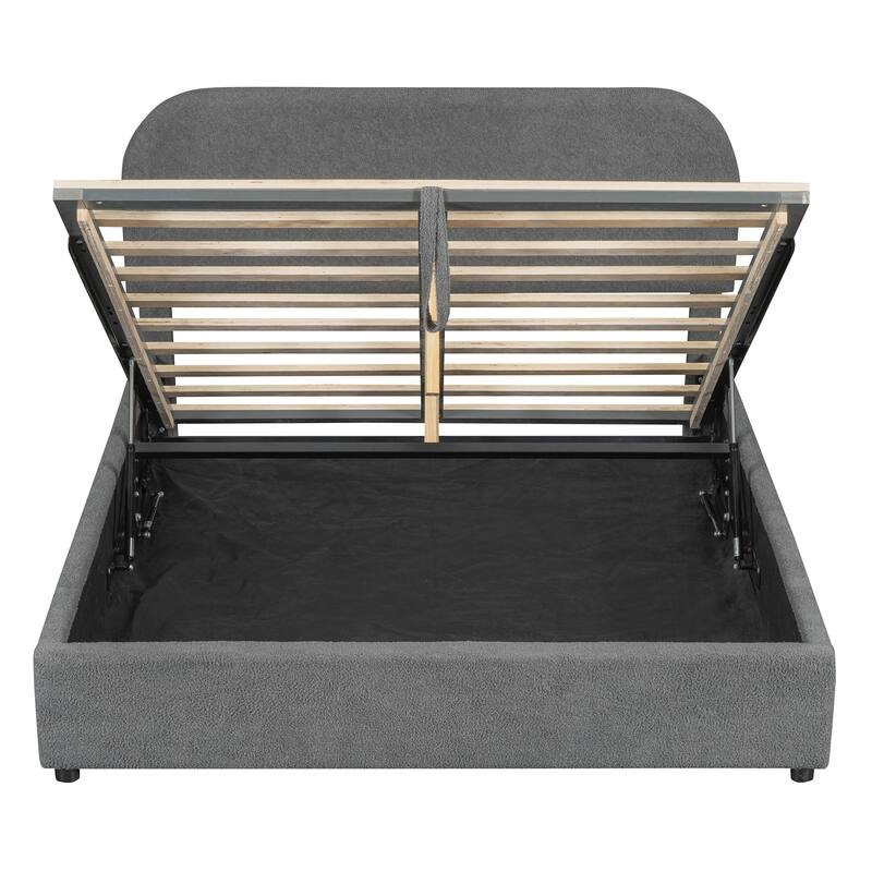 Luxury Teddy Fleece Fabric Bed Frame with Lift Up Storage, Upholstered Platform Bed Frame with Hydraulic Storage System