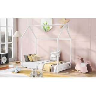 Twin Solid Wood Bed with House Design & Guardrails - Safe & Fun