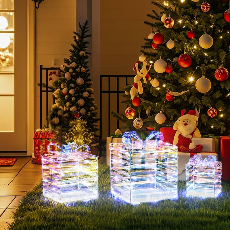 Gymax 3 Pieces Christmas Lighted Gift Boxes 90 LED Light up Present - Multi - See Details
