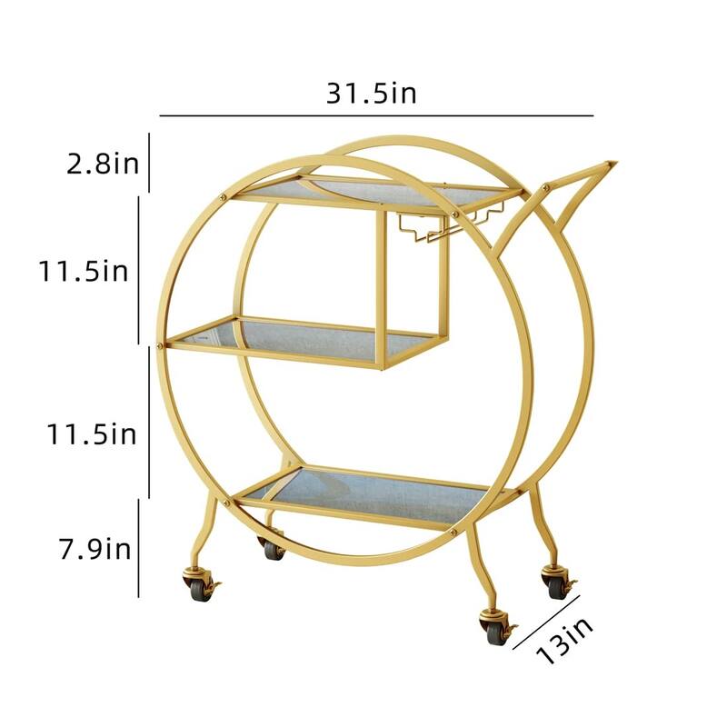 Upgraded 3 Tier Gold Bar Serving Cart with Glass Holder and Wheels, Metal Handle Round Bar Carts