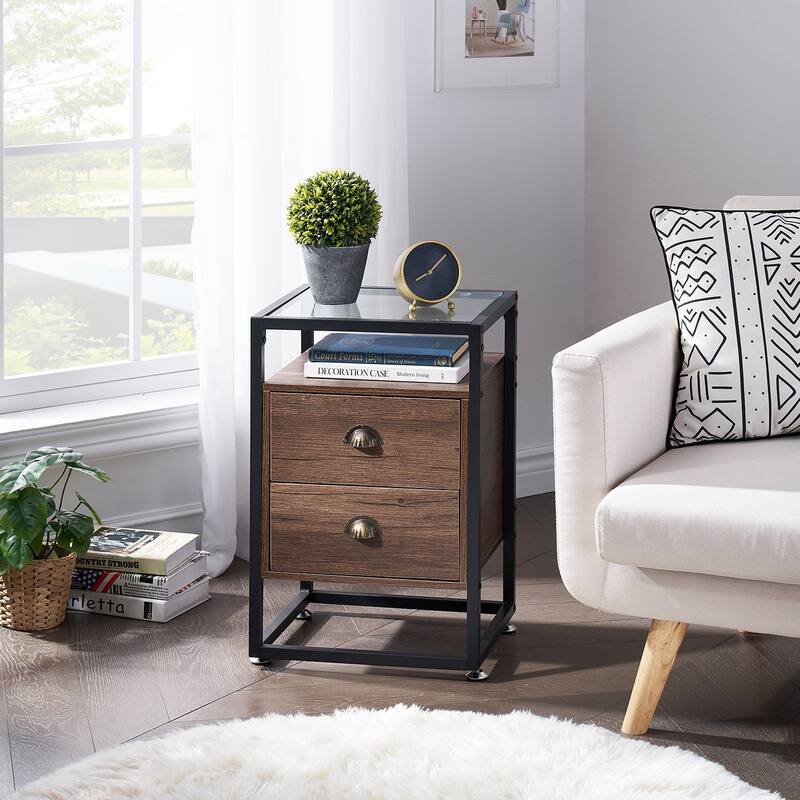 Javlergo Tempered Glass Top Nightstand with 2-Drawer and Open Shelf