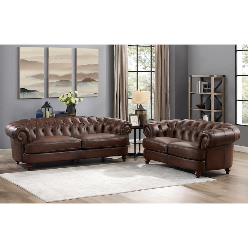 Hydeline Newport Top Grain Chesterfield Leather Sofa Set, Sofa and Loveseat