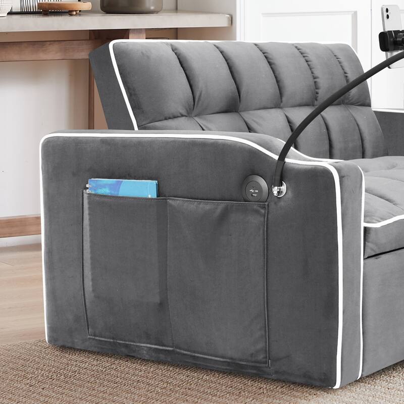 Multi-functional Pullout Sofa Bed, Dark Gray, Velvet, 55x35x31 inches