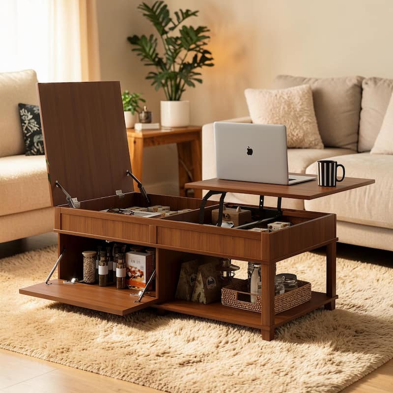 Lift Top Coffee Table with Hidden Storage Compartment and Open Shelf, Adjustable Wood Center Table