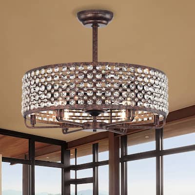 Cusp Barn 26 Inch Farmhouse Cage Crystal Ceiling Fan with Light, Antique Copper Reversible 6-Speed Ceiling Fan Light with Remote