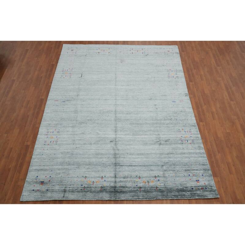 Hand Knotted Oriental Viscose Silk Carpet Tribal Animal Pictorial Greys & Charcoal Gabbeh Area Rug - 11' 8'' X 8' 7''