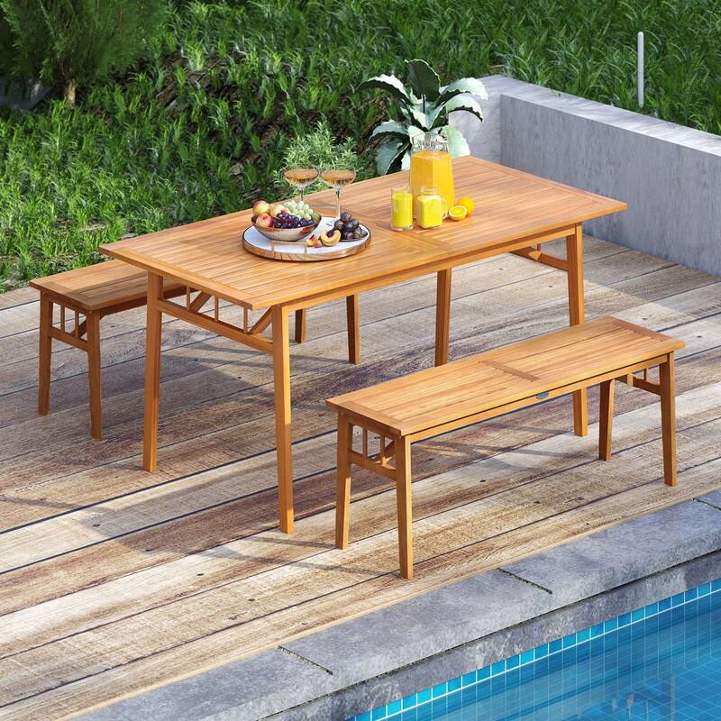 Gymax 3PCS Patio Dining Set Rectangular Picnic Table & 2 Benches