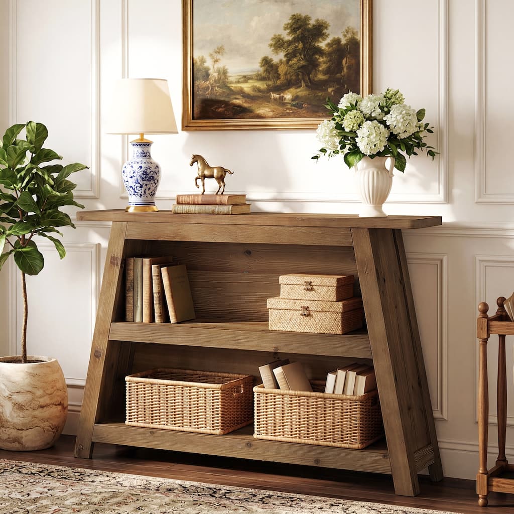 Solid Wood Entryway Console Table with Storage Shelves, Small Sofa Table for Hallway, Living Room, Foyer, Entrance
