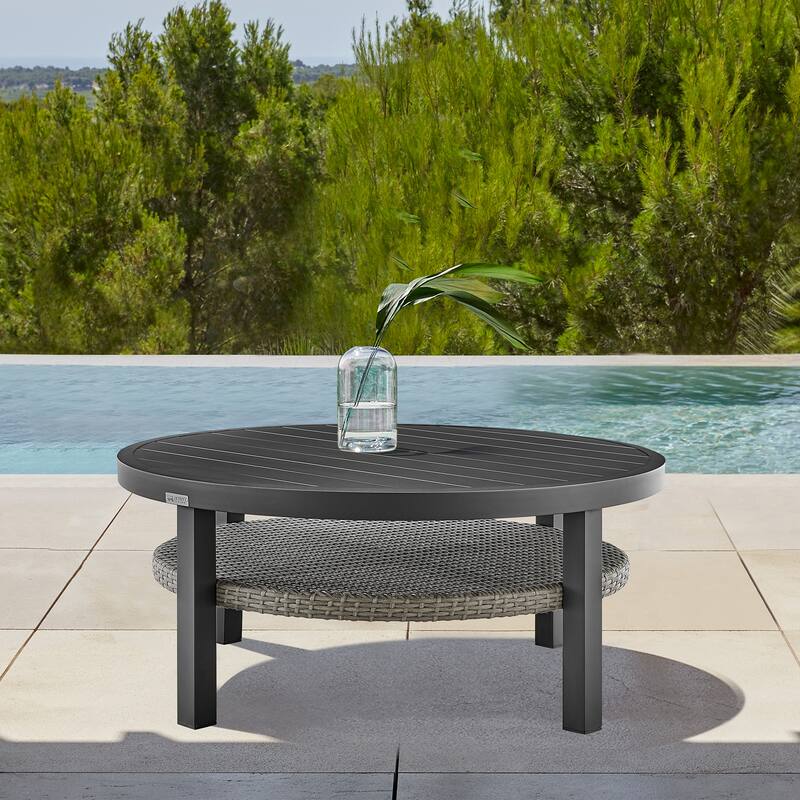 Aileen Grey Wicker Rattan and Black Aluminum Slat Top Round Outdoor Coffee Table - Black