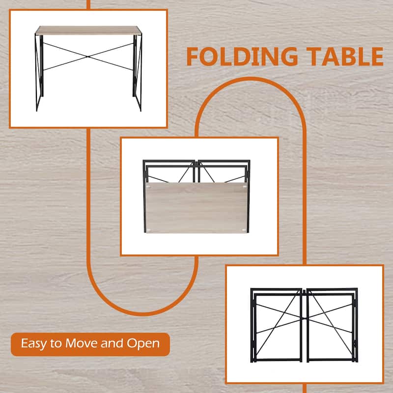Homy Casa Folding Dining Table with Black Metal Frame and Wood Top