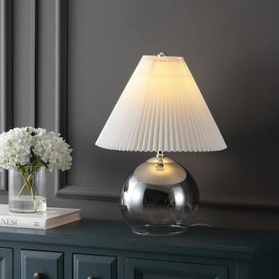 Maude 22.5" Mid-Century Modern Round Glass/Iron Pleated Shade LED Table Lamp, Smoke Gradient/Chrome by JONATHAN Y