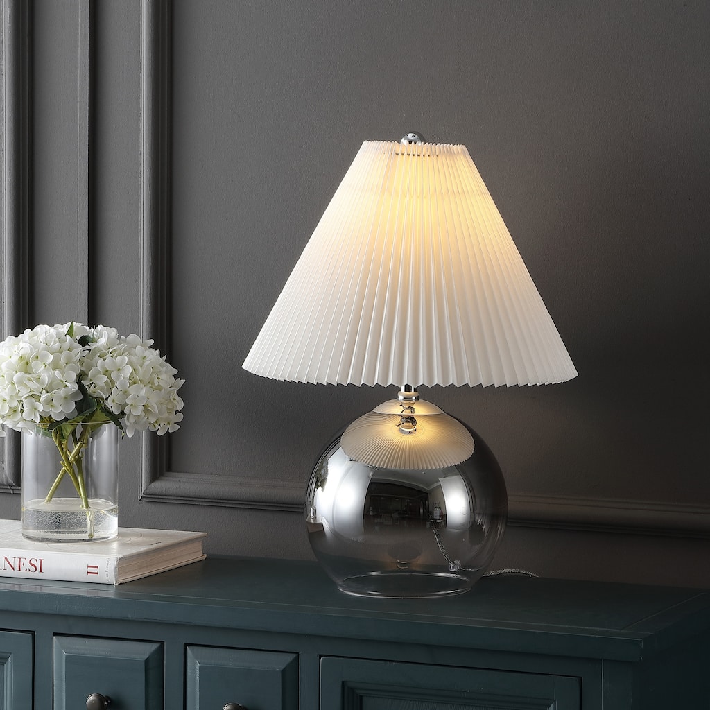 Maude 22.5" Mid-Century Modern Round Glass/Iron Pleated Shade LED Table Lamp, Smoke Gradient/Chrome by JONATHAN Y