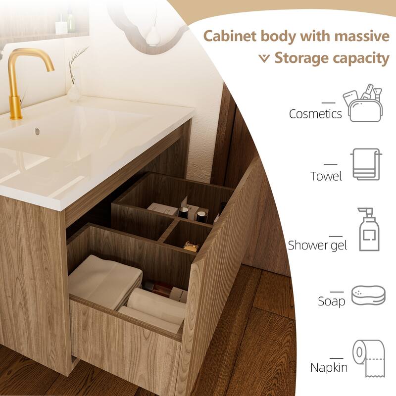 GDFStudio - Ari Modern Aesthetic Freestanding Bathroom Vanity with Ceramic Sink, Soft Close Drawers & Large Storage Spaces
