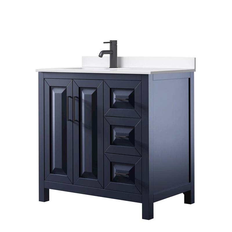 Wyndham Collection WCV252536S-QTZ-UNSMXX Daria 36" Free Standing - Dark Blue / White Quartz Top / Matte Black