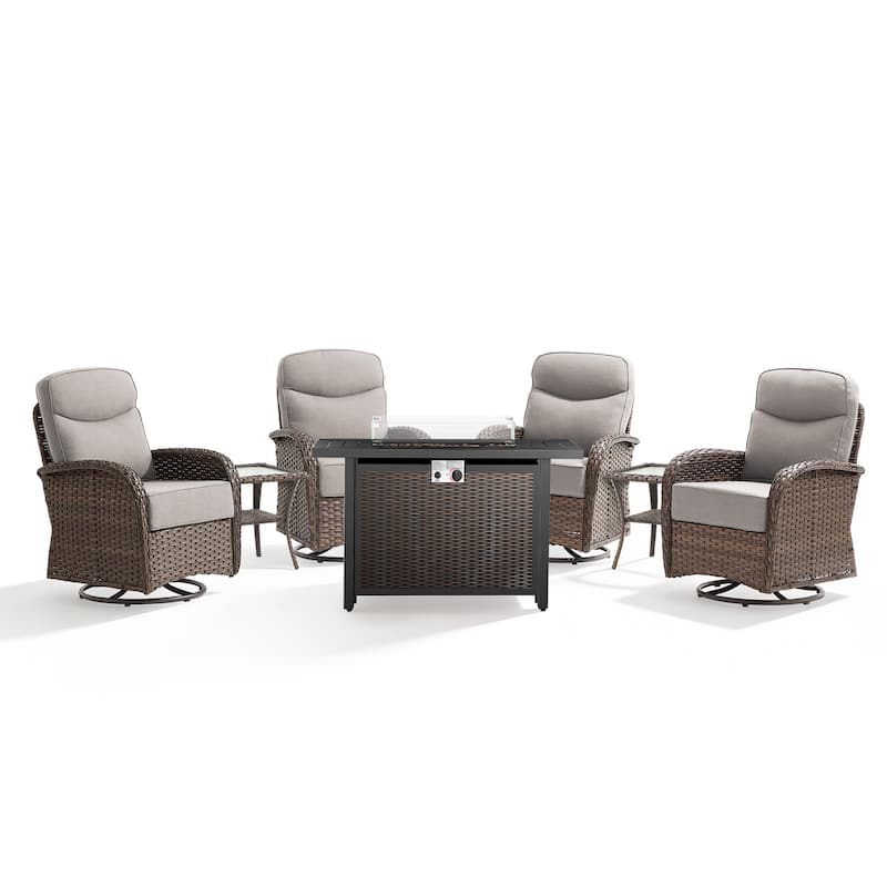 Pocassy Outdoor Sofa Swivel Chair and Ottman with 43in Fire Pit Table