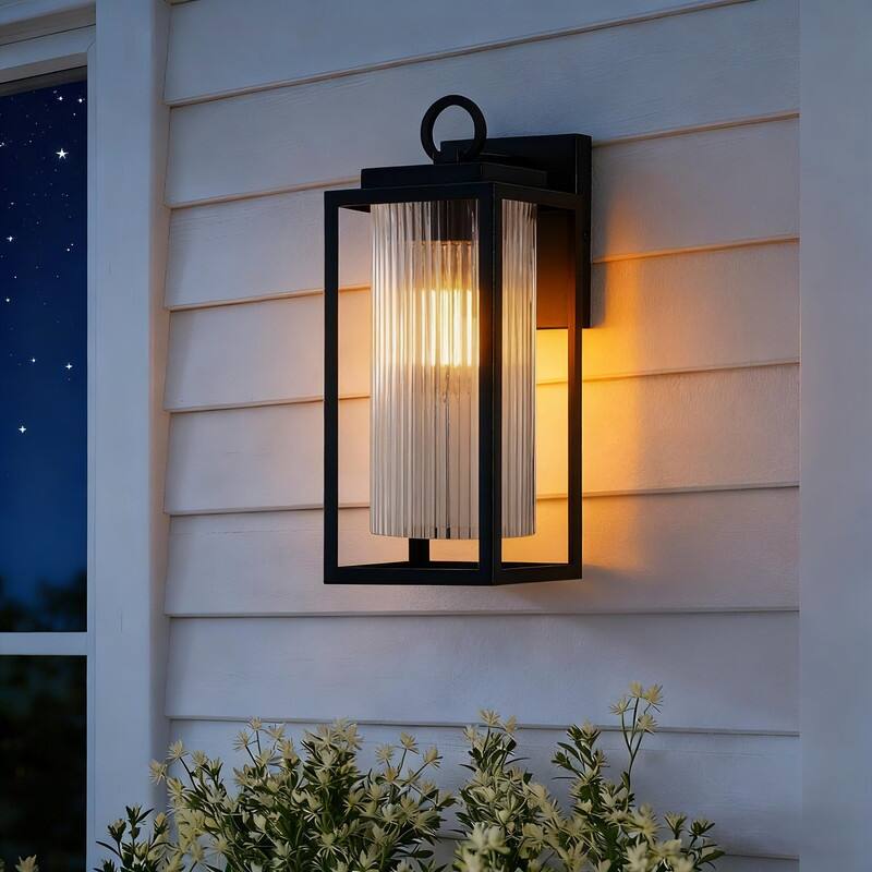 KAWOTI 1-Light Outdoor Wall Sconce with Cylindrical Ribbed Glass - W5.5" x D7" x H14"