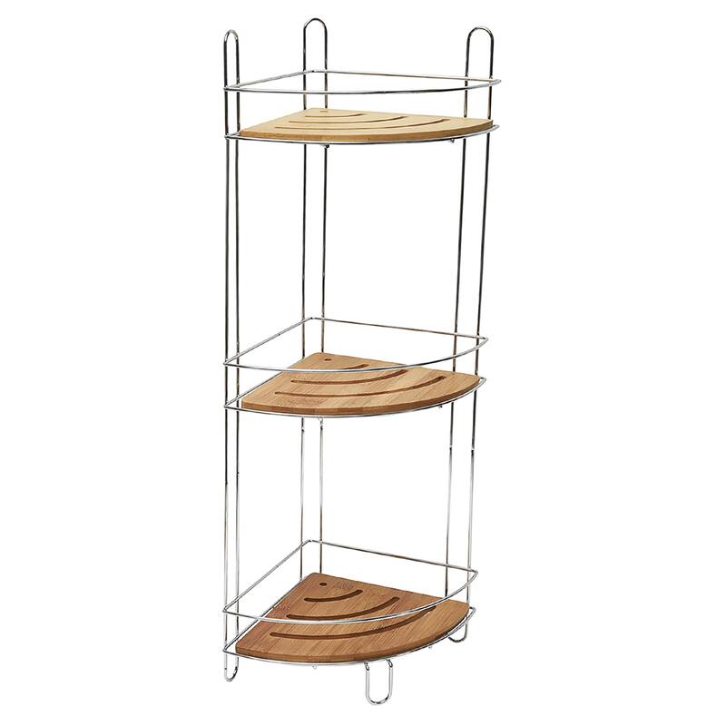 Corner Bathroom Organizer Storage Tower 3 or 2 Shelves Bamboo Black Metal - 3 Shelves - Chrome / Bamboo