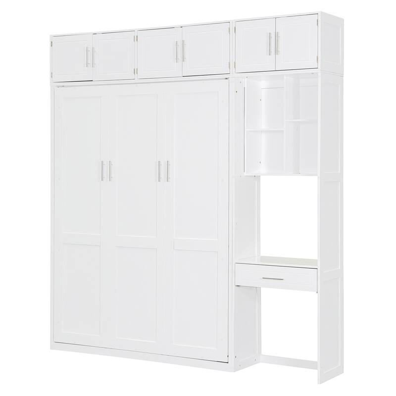 Wall Murphy Bed with Desk, Top Cabinet and Storage Shelves