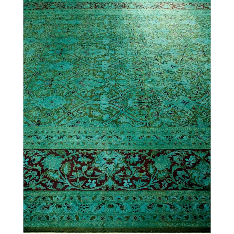 Overton Hand Knotted Wool Vintage Inspired Modern Contemporary Overdyed Green Area Rug - 9' 10" x 14' 0"